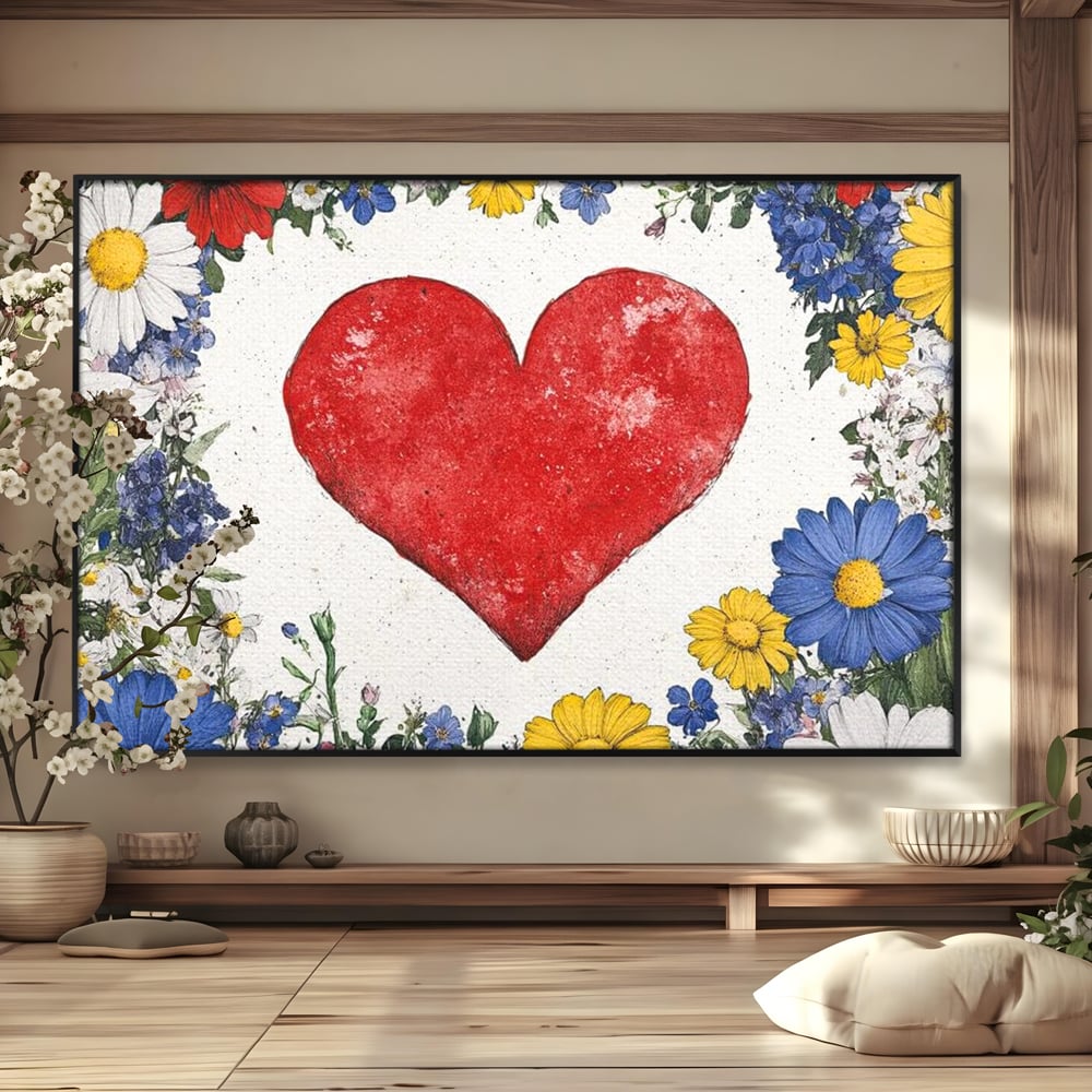 Tablou canvas cu tablou canvas cu inima rosie si flori, in rama de aluminiu negru